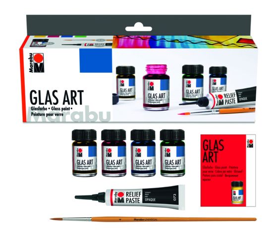 Marabu Набор красок для витража GlasArt, 4 цвета по 15 мл, контур, кисть, картон фото 1 — PalitraMastera