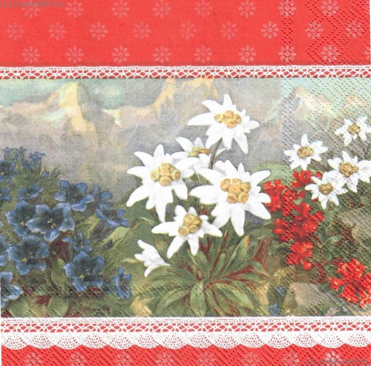 Салфетка бумажная для декупажа, 33х33 см, &quot;Альпийские цветы, красный&quot; — PalitraMastera