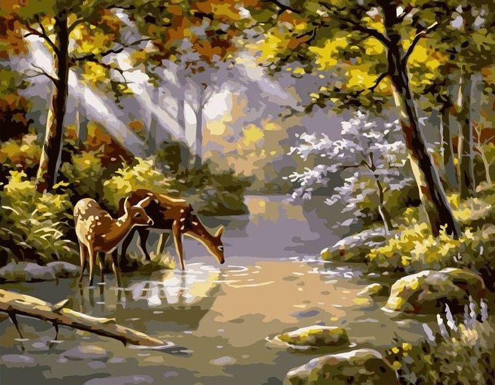 Картины по номерам 40х50 Олени у реки (VA-1647) фото 1 — PalitraMastera