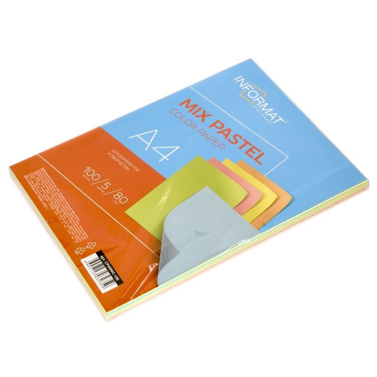 Бумага цветная д/печати INFORMAT Mix А4 80 г/м2 5 цв. х 20 л. пастель ассорти &mdash; PalitraMastera