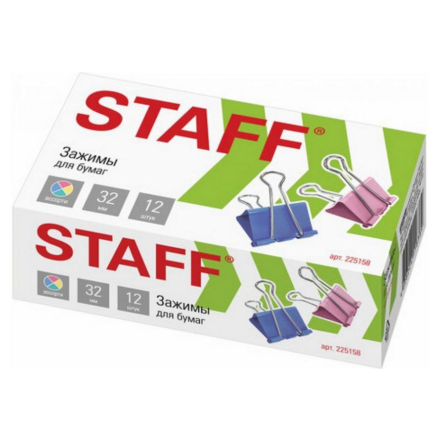 Зажимы для бумаг STAFF Profit, КОМПЛЕКТ 12 шт, 32 мм, на 140 листов, цветные, карт.кор., 225158 фото 1 — PalitraMastera
