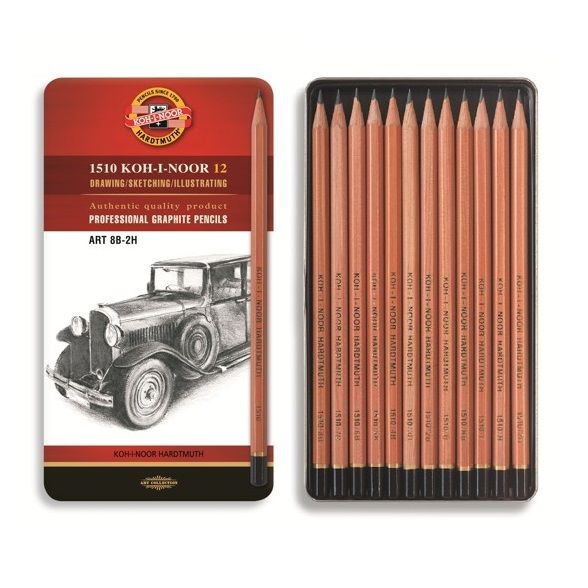 KOH-I-NOOR 1512N (12) Набор графитовых художественных карандашей, 12 шт.  тв.8В-2Н, в метал.коробке &mdash; PalitraMastera