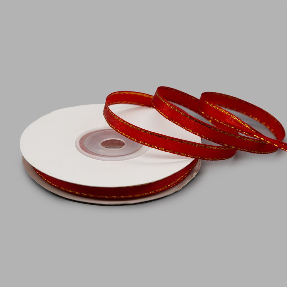 RB-011 Лента атласная односторонняя 6 мм*22,86м с золотой нитью (163 красный) фото 1 — PalitraMastera