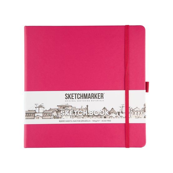 Скетчбук для зарисовок Sketchmarker, маджента, жесткая обложка с резинкой, 140 г/м2, 20x20 см, 80 листов, цвет бумаги слоновая кость фото 1 &mdash; PalitraMastera