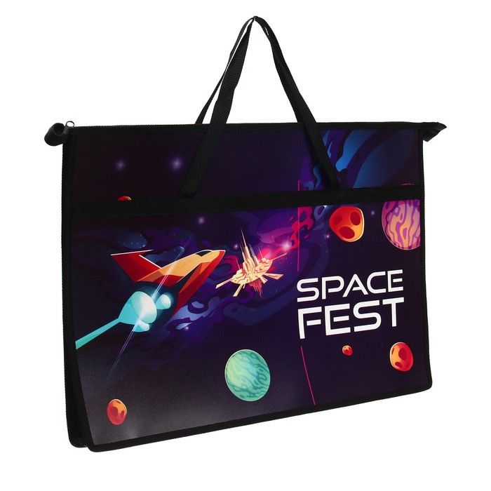 Папка А3 с ручками пластик молния сверху 50 мм 470*335 мм ПМ-А3-26 мал &quot;SPAСE FEST&quot; син 9675434 — PalitraMastera