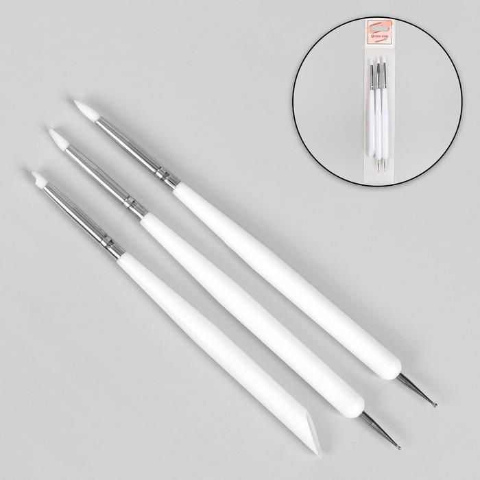 Набор для наращивания и дизайна ногтей: силиконовая кисть - дотс 2 шт, силиконовая кисть - пушер, 15 см, цвет белый — PalitraMastera