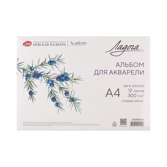 Альбом-склейка для акварели "Ладога", 300 г/м2, А4, 100% хлопок, 12 листов, среднее зерно фото 1 — PalitraMastera