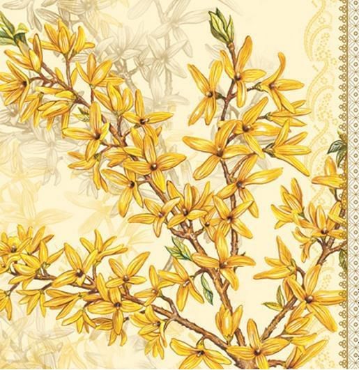 Салфетки - трехслойные, Maki, 1 шт, 33х33 см   .желтые цветы на ветке. орнамент по краю фото 1 &mdash; PalitraMastera