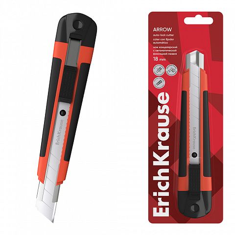 Нож канцелярский ErichKrause ARROW auto-lock 18 мм корпус пластик резиновые вставки фиксатор металлические направляющие 2 зап. лезвия фото 1 — PalitraMastera