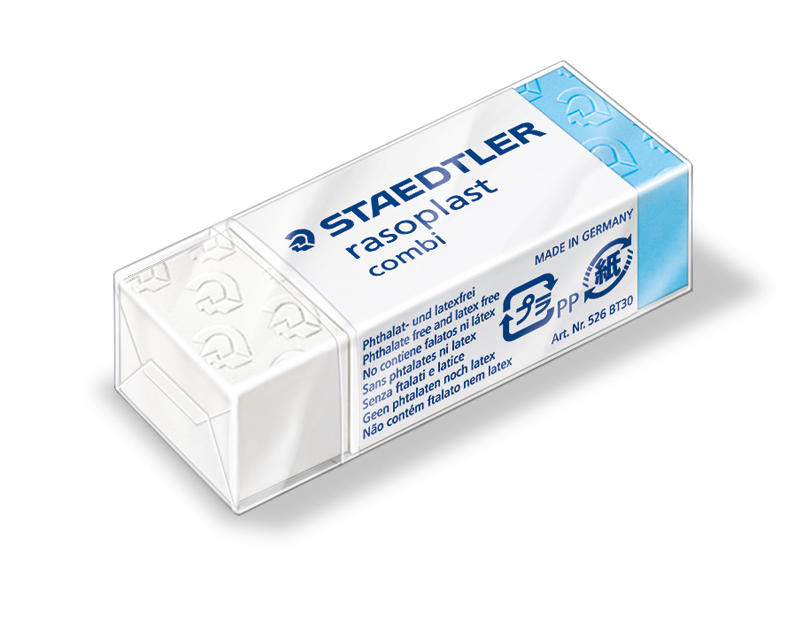 Ластик виниловый Rasoplast 526 BT, 43x19x13 мм, комбинированный (для карандашей и чернил), бумажная манжетка, целлофанированный фото 1 — PalitraMastera