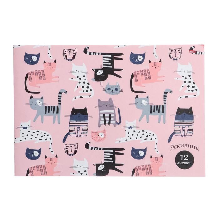Эскизник А4, 12 листов "Котики на розовом-1", бумажная обложка, блок офсет фото 1 — PalitraMastera