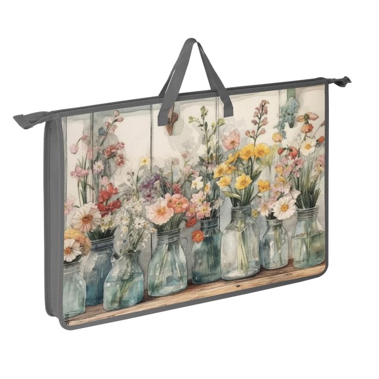 Папка д/труда с 2 ручками А3 широкая АРТформат АКВАРЕЛЬНЫЕ ЦВЕТЫ 466х335х50 мм серый пластик, полиэстер молния сверху д/девочек — PalitraMastera