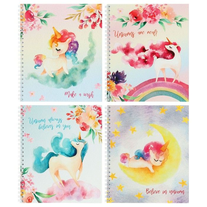 Тетрадь 48 листов в клетку, на гребне «Волшебные Единороги» мелованный картон, выборочный лак, МИКС фото 1 — PalitraMastera