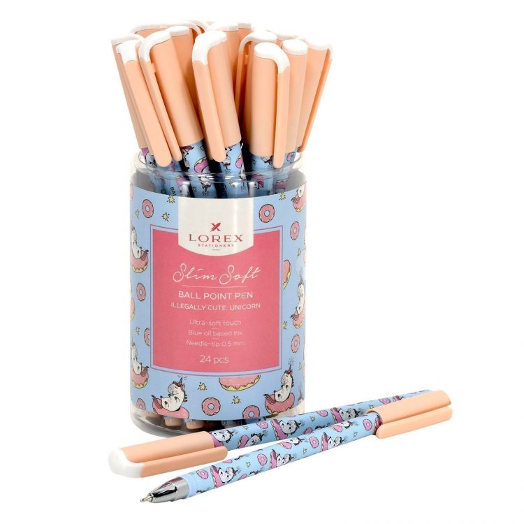 Ручка маслян. LOREX ILLEGALLY CUTE.UNICORN серия Slim Soft 0,50 мм синий, кругл. прорезин. корп., игловид. наконеч. — PalitraMastera