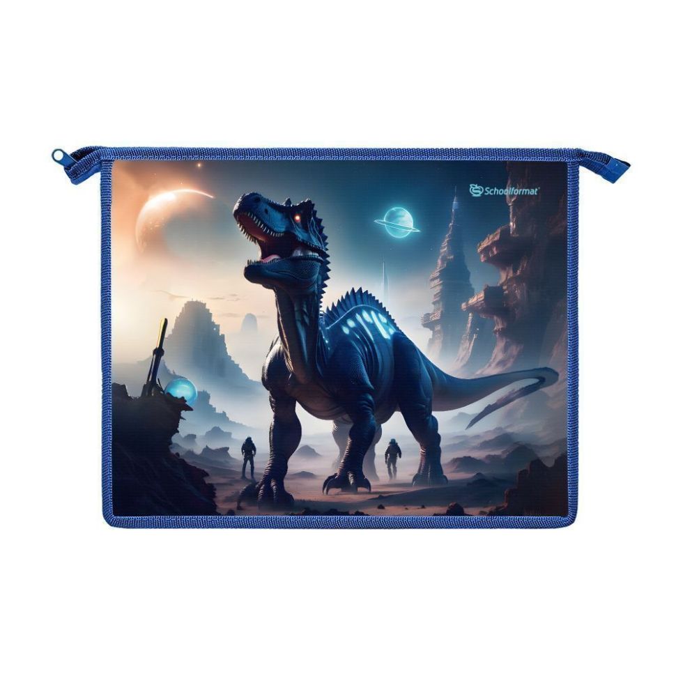 Папка д/тетрадей 1 отд. А5 Schoolformat КОСМИЧЕСКИЕ ДИНОЗАВРЫ молния 235х190х50 мм синий пластик, картон д/мальчиков фото 1 — PalitraMastera