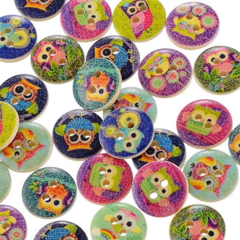 Пуговицы деревянные круглые 15 мм Совушки микс, 1 шт фото 1 &mdash; PalitraMastera