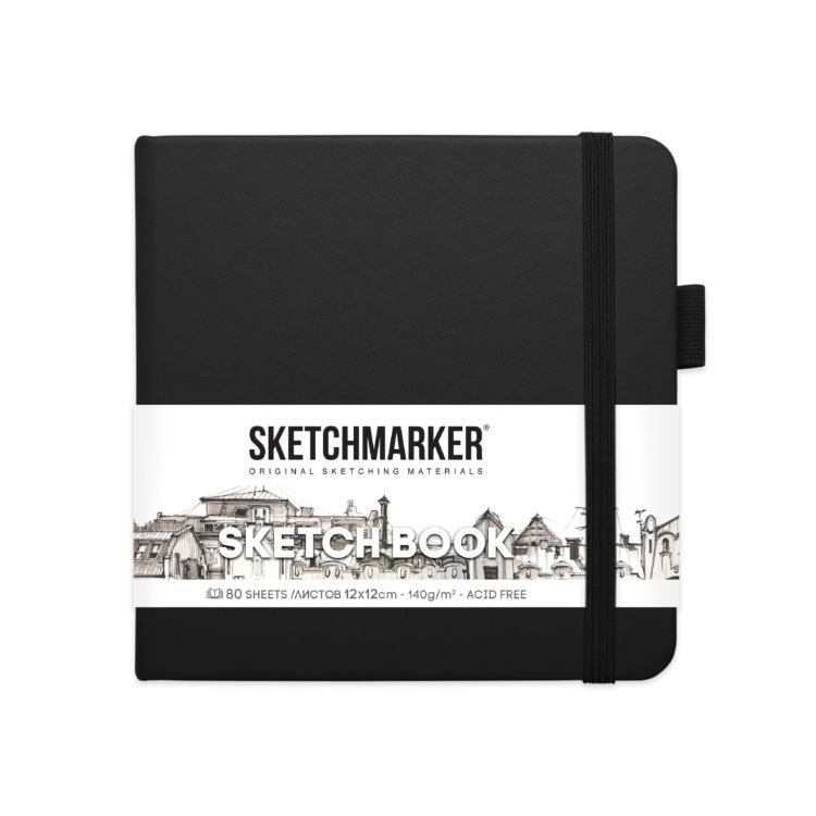 Блокнот для зарисовок Sketchmarker 140г/кв.м 12*12см 80л твердая обложка Черный &mdash; PalitraMastera