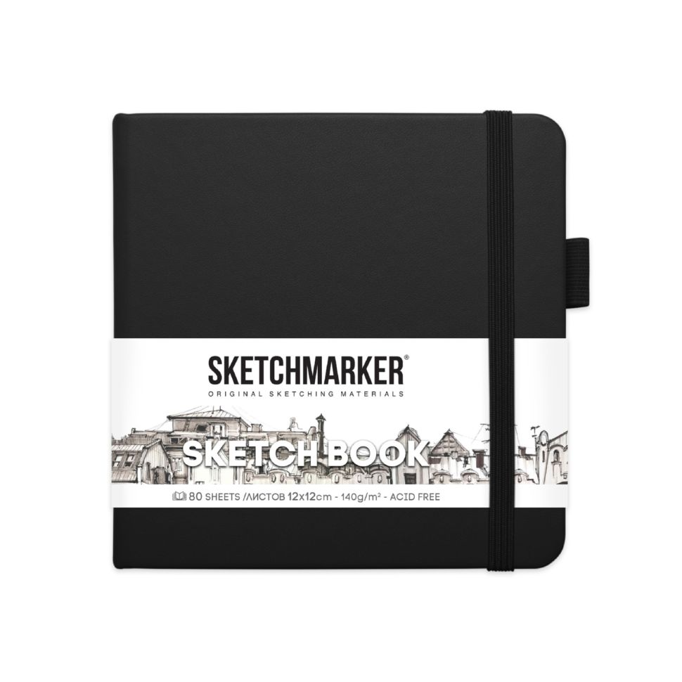 Блокнот для зарисовок Sketchmarker 140г/кв.м 12*12см 80л твердая обложка Черный фото 1 &mdash; PalitraMastera