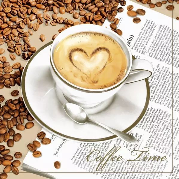 Салфетки - трехслойные, Maki, 33х33 см, кофе в чашке, сердечко на пене, газета — PalitraMastera