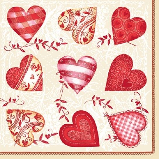 Салфетки - трехслойные, Maki, 33х33 см, орнамент на сердцах, красный — PalitraMastera